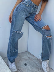 High Waist Distressed Loose Fit Jeans for Women