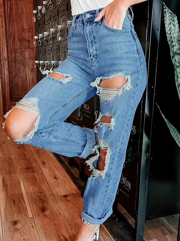 Ripped Holes Straight Jeans Non Stretch Denim Trousers