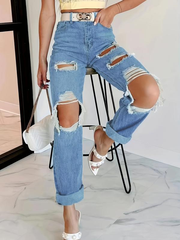 Ripped Holes Straight Jeans Non Stretch Denim Trousers