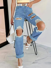 Ripped Holes Straight Jeans Non Stretch Denim Trousers