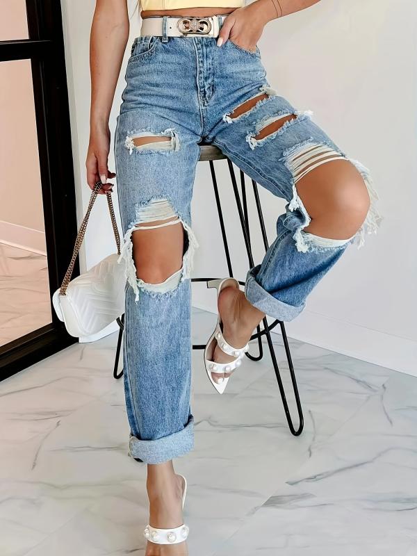 Ripped Holes Straight Jeans Non Stretch Denim Trousers