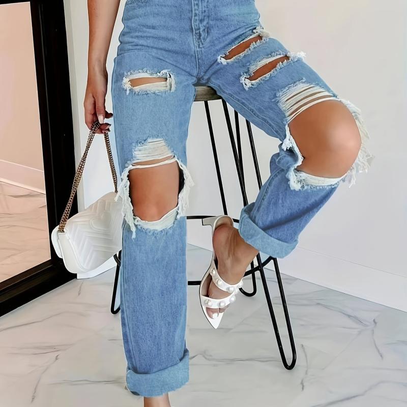 Ripped Holes Straight Jeans Non Stretch Denim Trousers
