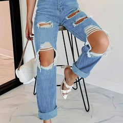 Ripped Holes Straight Jeans Non Stretch Denim Trousers