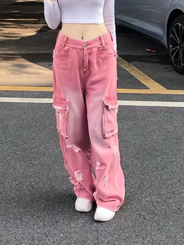 Pink Cargo Pants Ripped Holes Distressed Jeans