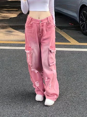 Pink Cargo Pants Ripped Holes Distressed Jeans