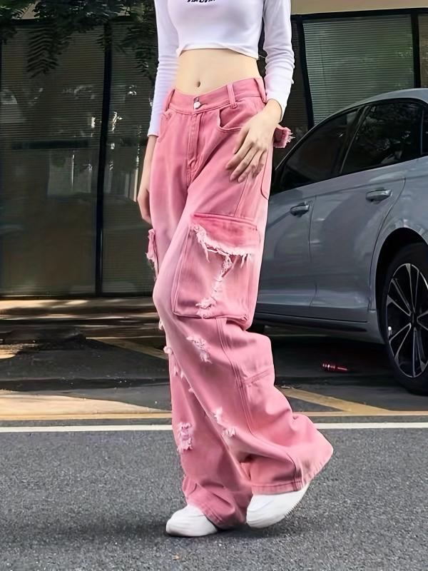 Pink Cargo Pants Ripped Holes Distressed Jeans