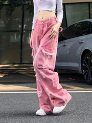 Pink Cargo Pants Ripped Holes Distressed Jeans