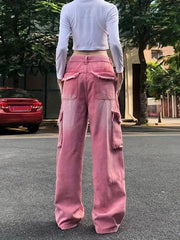 Pink Cargo Pants Ripped Holes Distressed Jeans