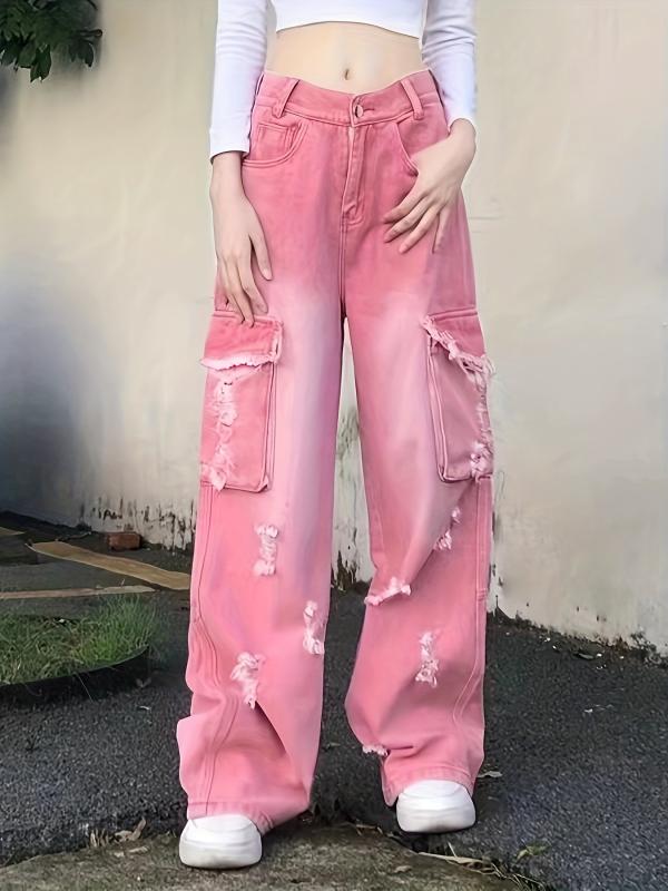 Pink Cargo Pants Ripped Holes Distressed Jeans