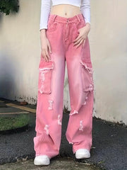 Pink Cargo Pants Ripped Holes Distressed Jeans