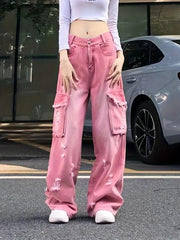 Pink Cargo Pants Ripped Holes Distressed Jeans