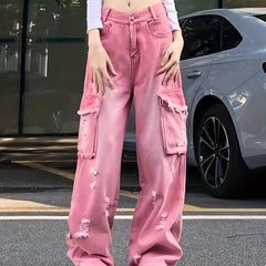 Pink Cargo Pants Ripped Holes Distressed Jeans