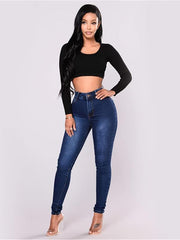High Rise Skinny Fit Stacked Jeans High Waist Solid Tight Denim Pants