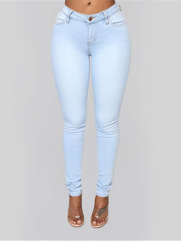 High Rise Skinny Fit Stacked Jeans High Waist Solid Tight Denim Pants