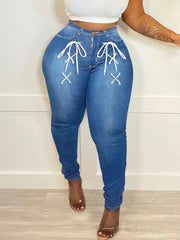 Stretchy High Waist Skinny Leg Jeans Tie Front Slash Pockets Denim Pants