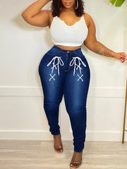 Stretchy High Waist Skinny Leg Jeans Tie Front Slash Pockets Denim Pants