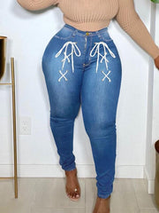 Stretchy High Waist Skinny Leg Jeans Tie Front Slash Pockets Denim Pants
