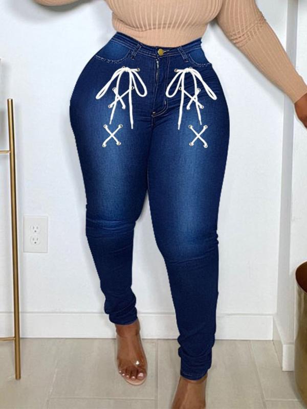 Stretchy High Waist Skinny Leg Jeans Tie Front Slash Pockets Denim Pants