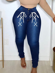 Stretchy High Waist Skinny Leg Jeans Tie Front Slash Pockets Denim Pants