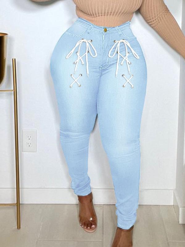 Stretchy High Waist Skinny Leg Jeans Tie Front Slash Pockets Denim Pants