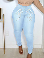 Stretchy High Waist Skinny Leg Jeans Tie Front Slash Pockets Denim Pants