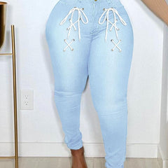 Stretchy High Waist Skinny Leg Jeans Tie Front Slash Pockets Denim Pants