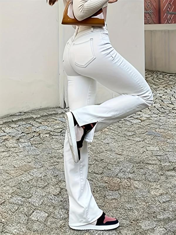 Slim Fit Straight Jeans Mid Stretch Washed Split Denim Trousers
