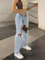 Distressed Straight Jeans High Waist Denim Trousers