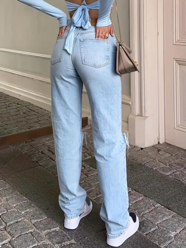 Distressed Straight Jeans High Waist Denim Trousers