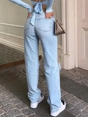 Distressed Straight Jeans High Waist Denim Trousers