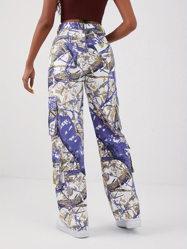 Multicolored Graffiti Print Cargo Pants Street Style Jeans