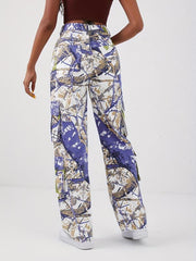 Multicolored Graffiti Print Cargo Pants Street Style Jeans