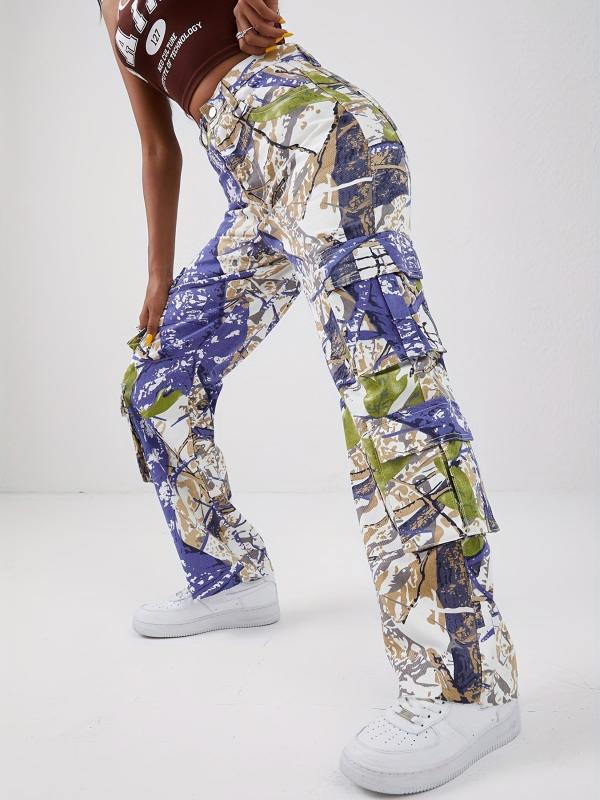 Multicolored Graffiti Print Cargo Pants Street Style Jeans