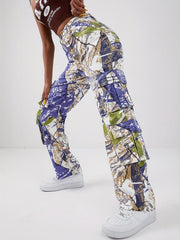 Multicolored Graffiti Print Cargo Pants Street Style Jeans