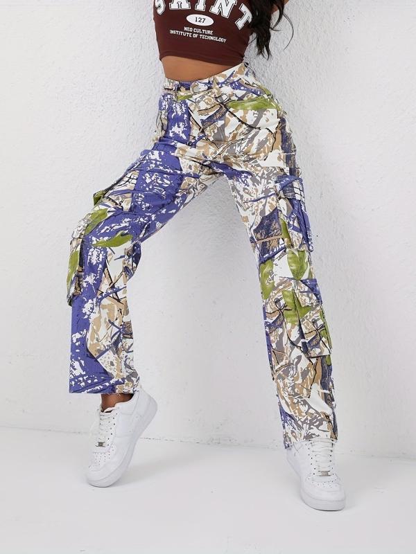 Multicolored Graffiti Print Cargo Pants Street Style Jeans