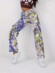 Multicolored Graffiti Print Cargo Pants Street Style Jeans