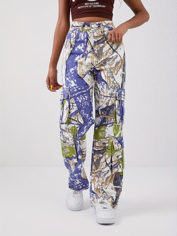 Multicolored Graffiti Print Cargo Pants Street Style Jeans