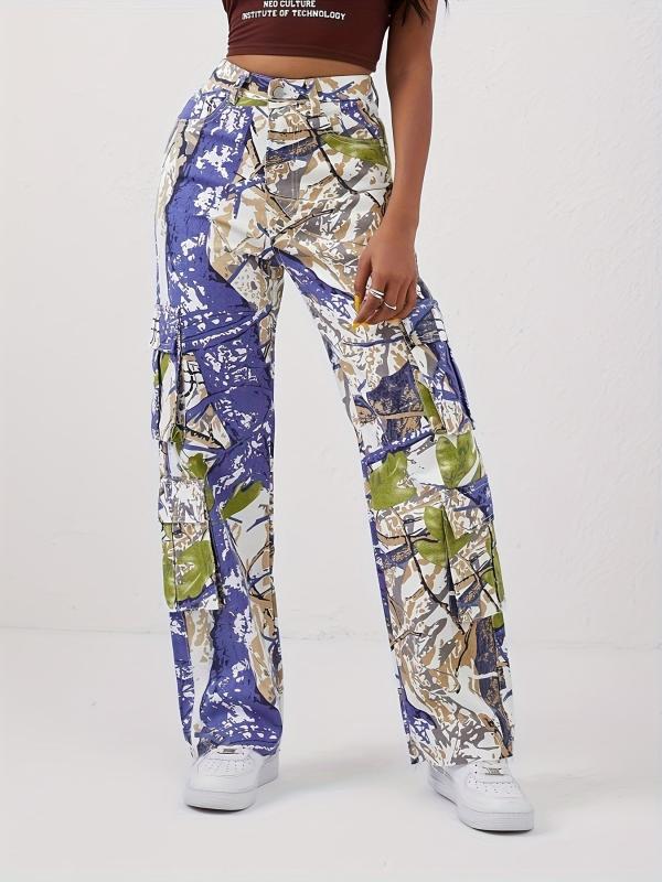 Multicolored Graffiti Print Cargo Pants Street Style Jeans