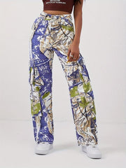 Multicolored Graffiti Print Cargo Pants Street Style Jeans