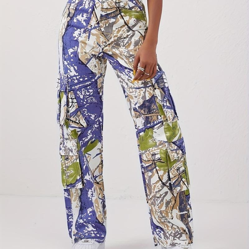 Multicolored Graffiti Print Cargo Pants Street Style Jeans