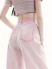 Pink Loose Fit Straight Jeans High Waist Wide Legs