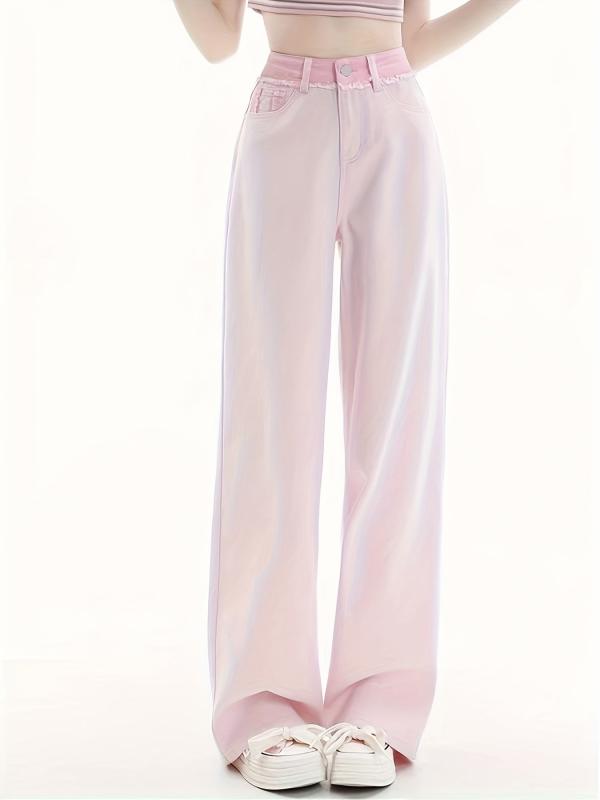 Pink Loose Fit Straight Jeans High Waist Wide Legs