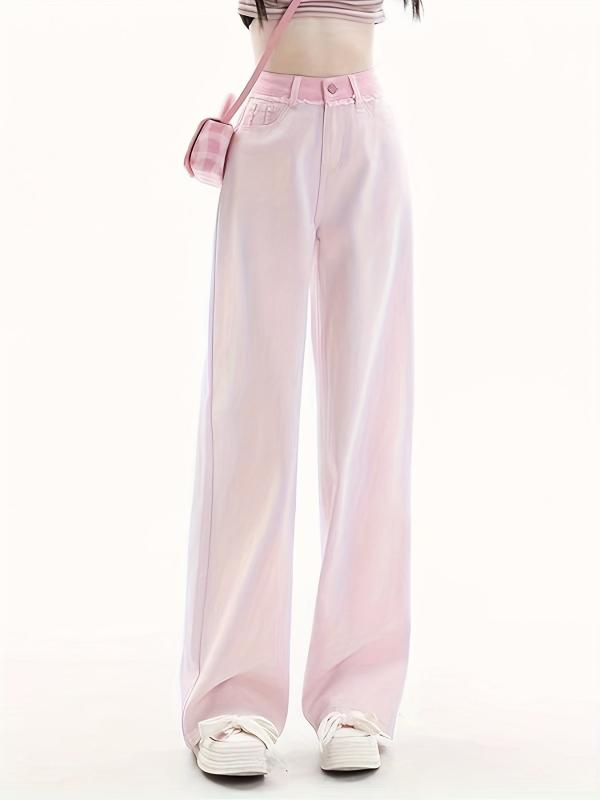 Pink Loose Fit Straight Jeans High Waist Wide Legs