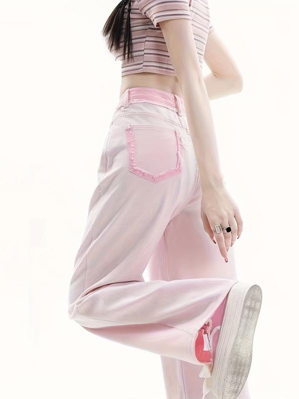 Pink Loose Fit Straight Jeans High Waist Wide Legs