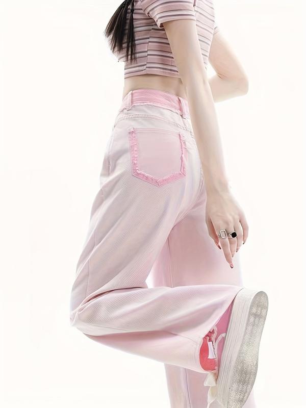 Pink Loose Fit Straight Jeans High Waist Wide Legs