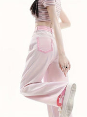 Pink Loose Fit Straight Jeans High Waist Wide Legs
