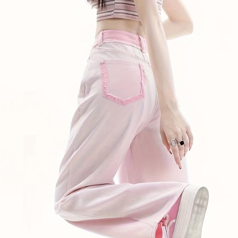 Pink Loose Fit Straight Jeans High Waist Wide Legs