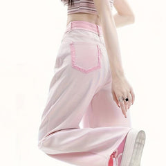 Pink Loose Fit Straight Jeans High Waist Wide Legs