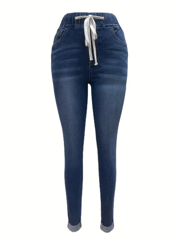 Navy Drawstring Skinny Jeans Slim Fit Elastic Waist High Stretch Tight Jeans