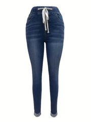 Navy Drawstring Skinny Jeans Slim Fit Elastic Waist High Stretch Tight Jeans